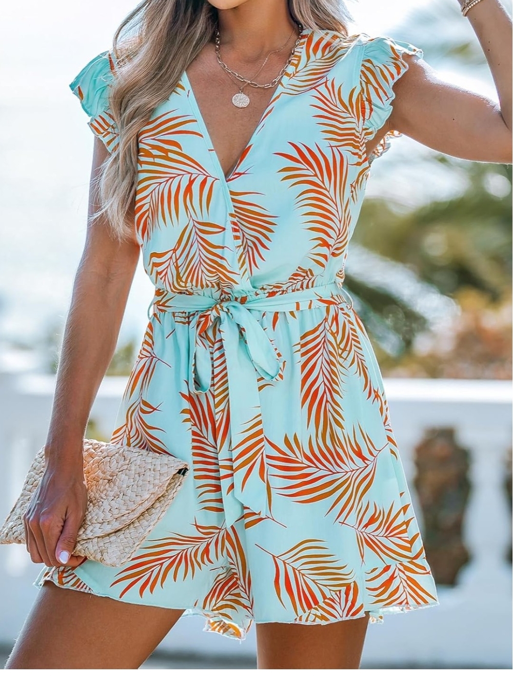 New With Tags! Light Blue Tropical Print Tie-Waist Romper - Picture 4 of 9
